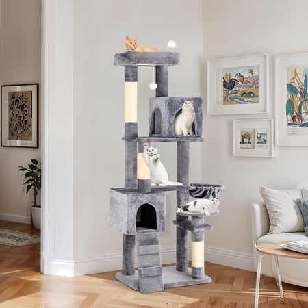 ModFusion Deluxe Multi-Level Cat Tree with Scratching Posts, Hammock, and Condos - 70" Tall, Light Gray