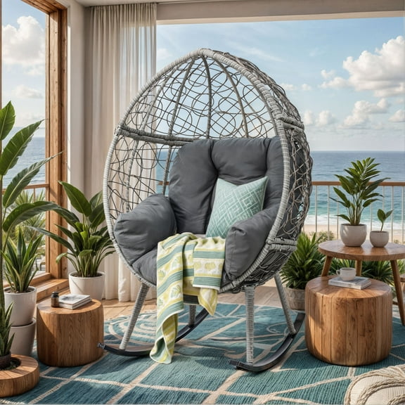 Wooflex Egg Rocking Chair, Indoor & Outdoor, 330 lb Cap, 39x37x59 in, Cushion, Waterproof, Rattan, Gray