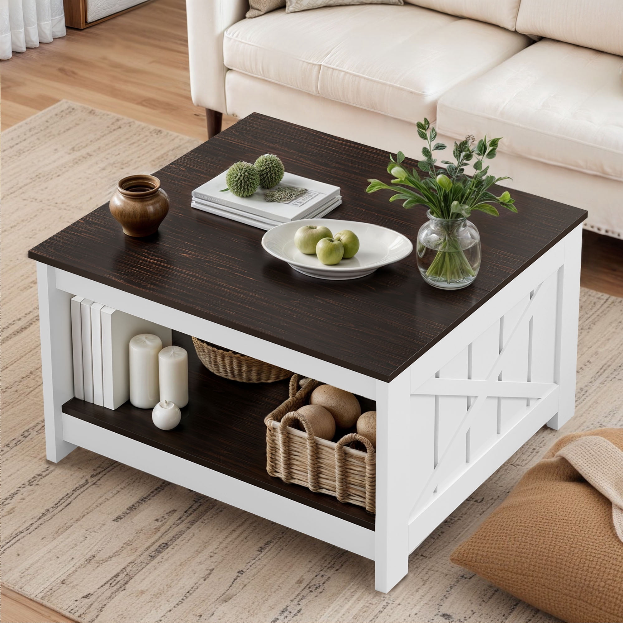 ModFusion Farmhouse Square Wood Coffee Table 31"W 17.7"H with Lower ...
