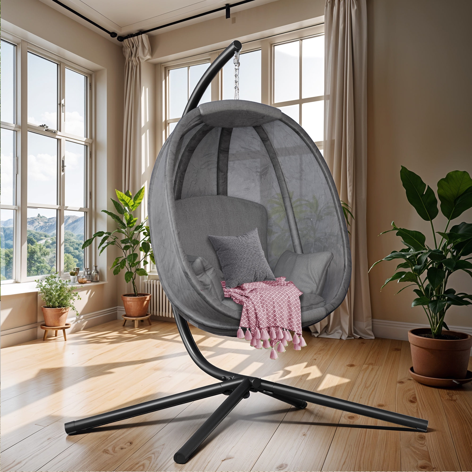 Wooflex Grey Hanging Egg Chair with Stand & Cushion Indoor/Outdoor