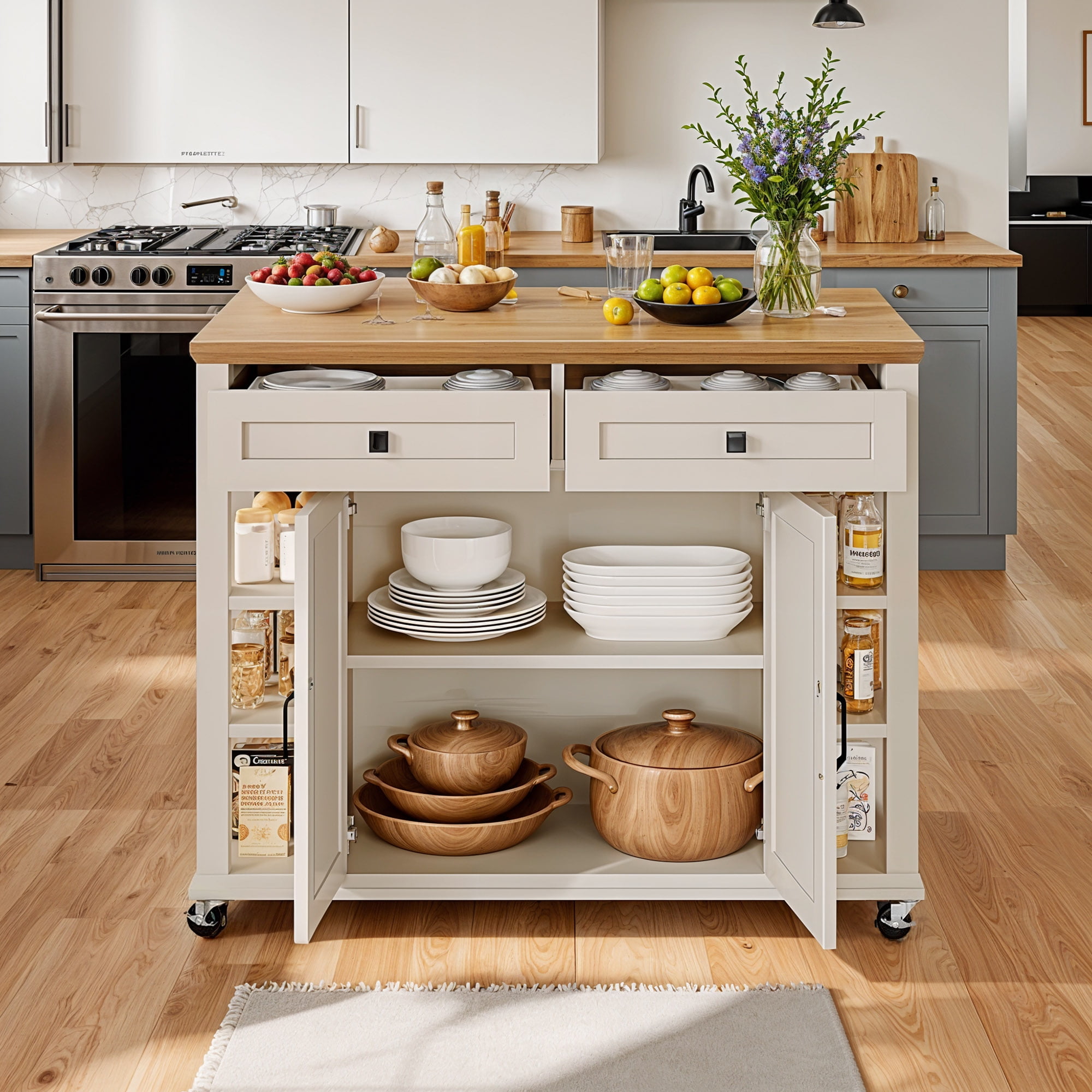 ModFusion 45" Kitchen Island Cart Drop Leaf Power Outlet Rolling Storage Cabinet Drawers Side Shelves
