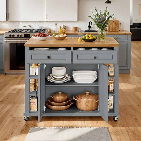 ModFusion 45" Kitchen Island Cart Drop Leaf Power Outlet Rolling Casters Storage Cabinet Drawers Spice Rack Gray