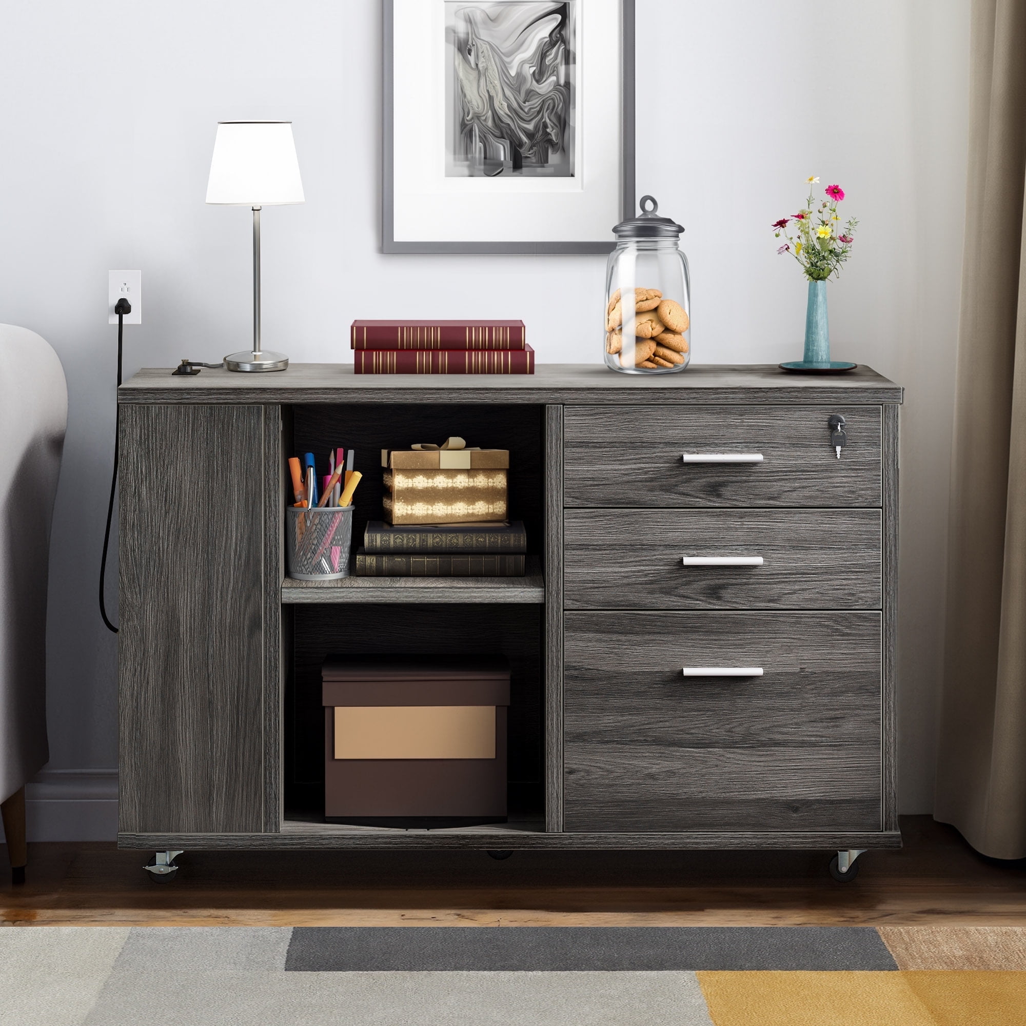 Wooflex Lateral Filing Cabinet with Charging Hub, Adjustable Shelf, Locking Drawers, Wheels, Modern 1x3x2 ft Portable Modern Wood Printer Stand, Ash Charcoal Gray