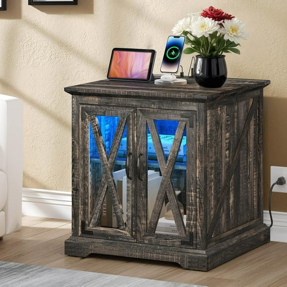 Wooflex Modern Dark Wood Nightstand, 25x23.6x23.6", LED Lights, USB Ports, Assembly Req