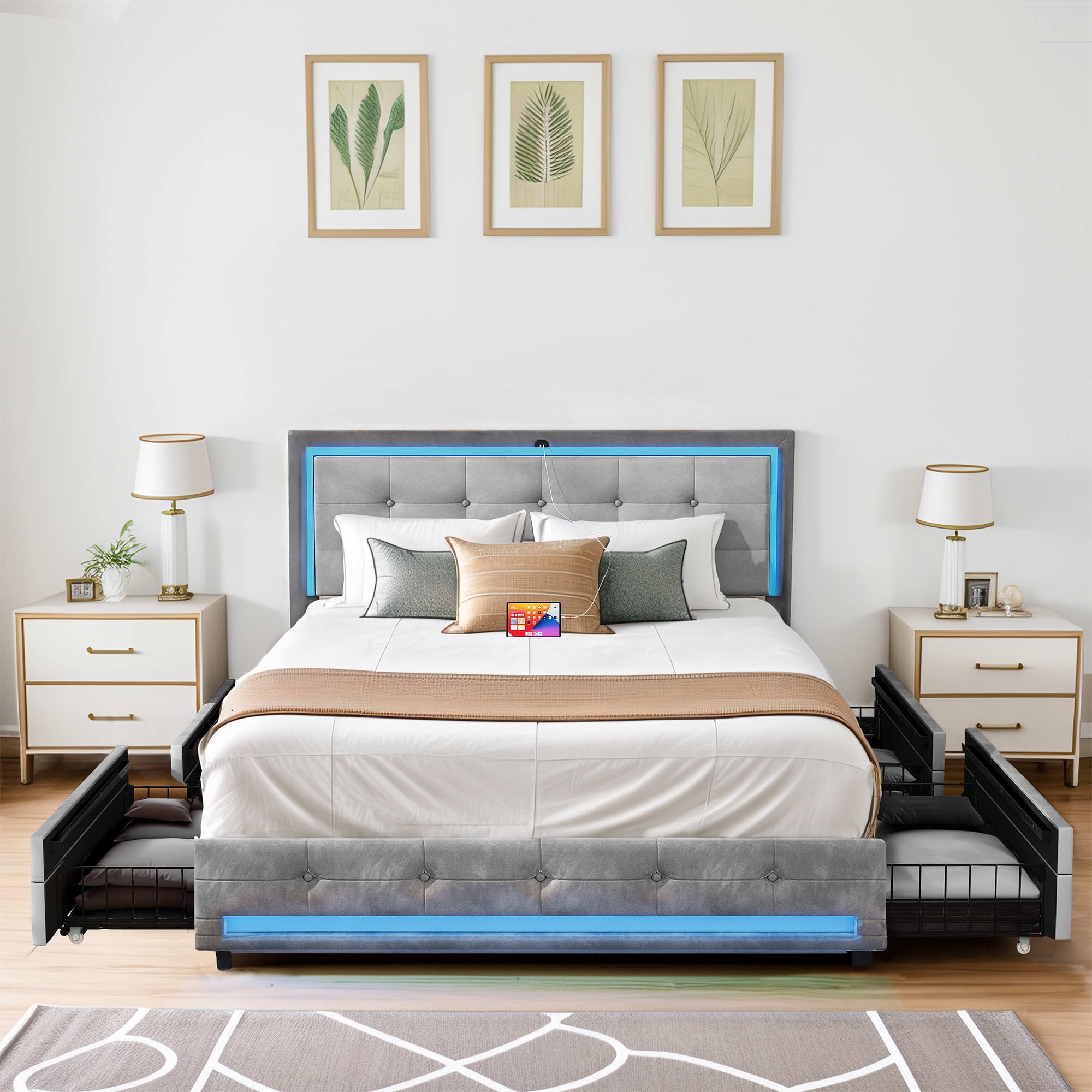 Wooflex Modern Queen Size Bed Frame with Builtin LED Lights, 4