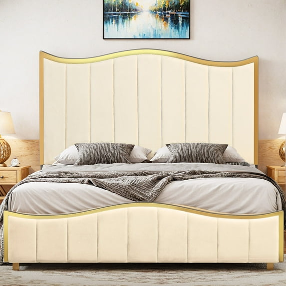 Wooflex - Modern Queen Size Bed Frame, Elegance Velvet Upholstery, Golden Plating Trim, High Headboard Design, Sturdy Wood Slat Construction, Easy Assembly, Beige