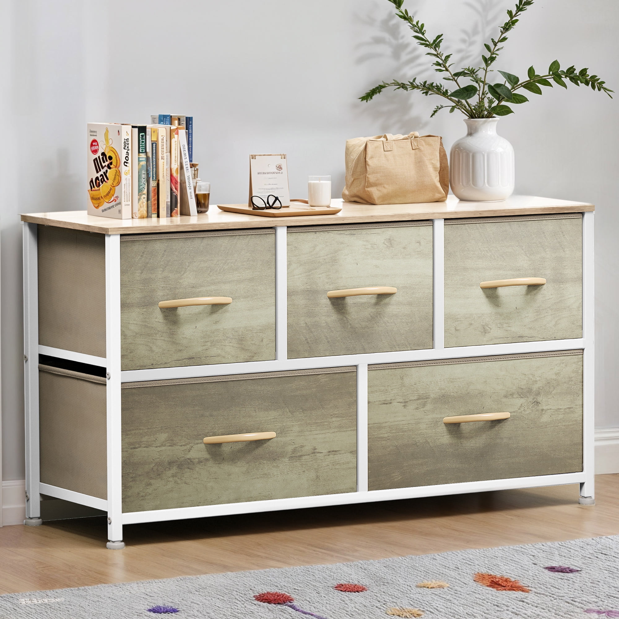 Wooflex Oak Greige Wide Fabric Dresser with 5 Drawers for Bedroom, Living Room, Closets - Sturdy Steel Frame \u0026 Wooden Top
