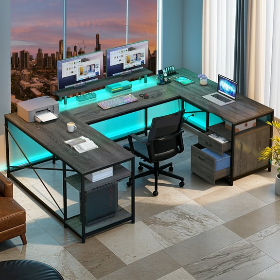 ModFusion Reversible U-Shaped Desk with Monitor Stand, Power Outlets & LED Lights, L-Shaped and Long Home Office Desk with Drawers - Gray
