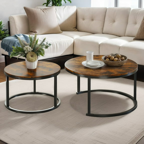 ModFusion Round Nesting Coffee Table Set of 2, Snack Cocktail Center End Table with Metal Frame for Living Room, Home Office, Rustic Brown
