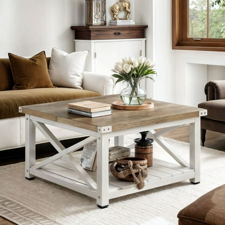 Wooflex Rustic Farmhouse Square Coffee Table with Barn Door Style & Open Storage Shelf, Gray Wash
