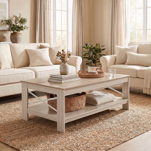 Rustic Wood Coffee Table with 2-Tier Storage Shelf, Rectangle Design for Living Room or Home Office