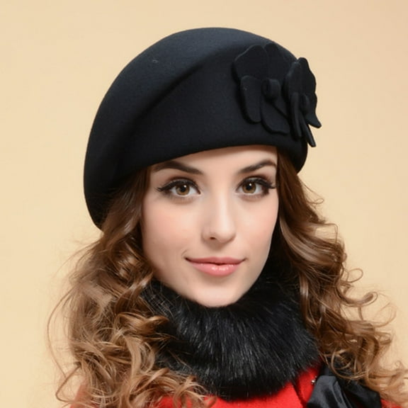 Wool Beret Hat Soft Warm Solid Color French Beret With Flowers Decor, Black One Size, Size One Size