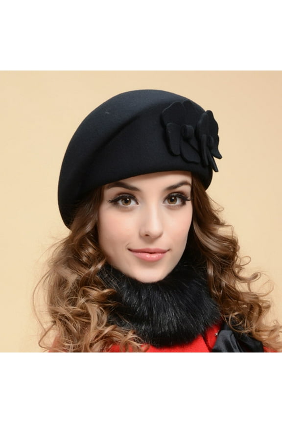 Wool Beret Hat Soft Warm Solid Color French Beret With Flowers Decor, Black One Size, Size One Size