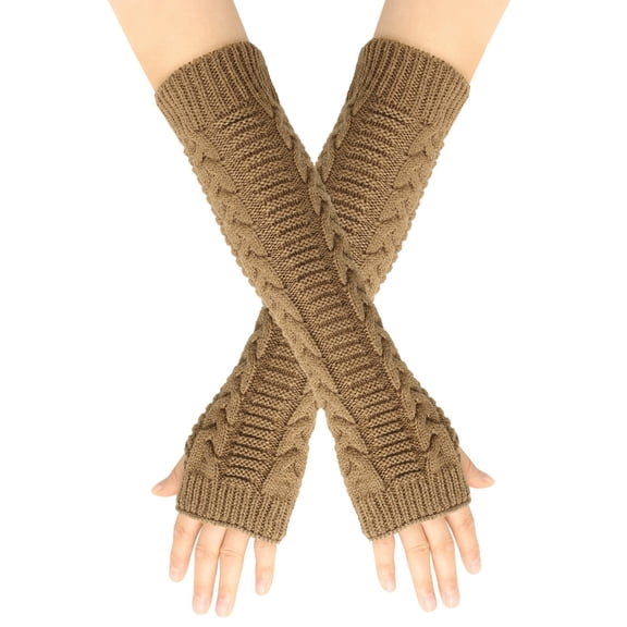 Wool Blend Arm Warmers Knitted Warm Long Fingerless Gloves Winter Soft Stretchy Mittens with Thumb Hole for Women,Christmas Gifts for Lover(15.7Inch,Khaki)