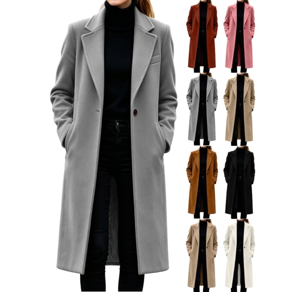 Wool Blend Coats for Women Lapel Long Sleeve Button Down Casual Work Fall Winter Loose Woolen Long Peacoats