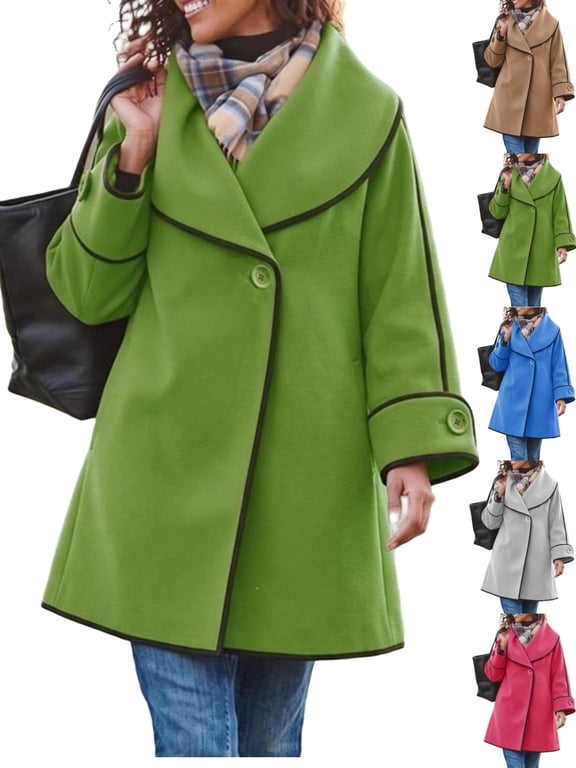 Wool Blend Coats for Women Lapel Long Sleeve Button Down Casual Work Fall Winter Loose Woolen Pea Coats