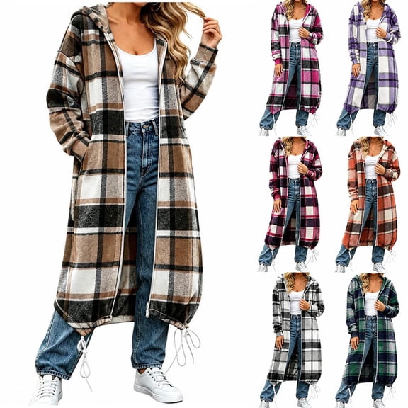 Wool Blend Coats for Women Plaid Two-Way Zipper Hooded Jacket Coats Womens Loose Casual Long Windbreaker Coats with Pockets
