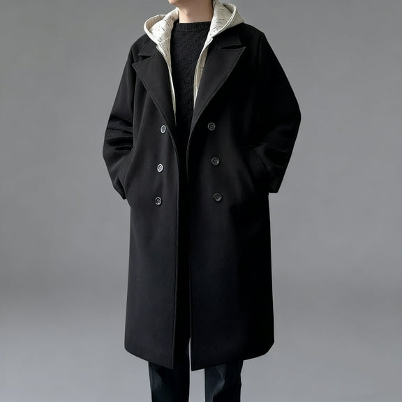 Wool Blend Jackets for Men Long Trench Coats Full Zipper Hooded Overcoats with Pockets