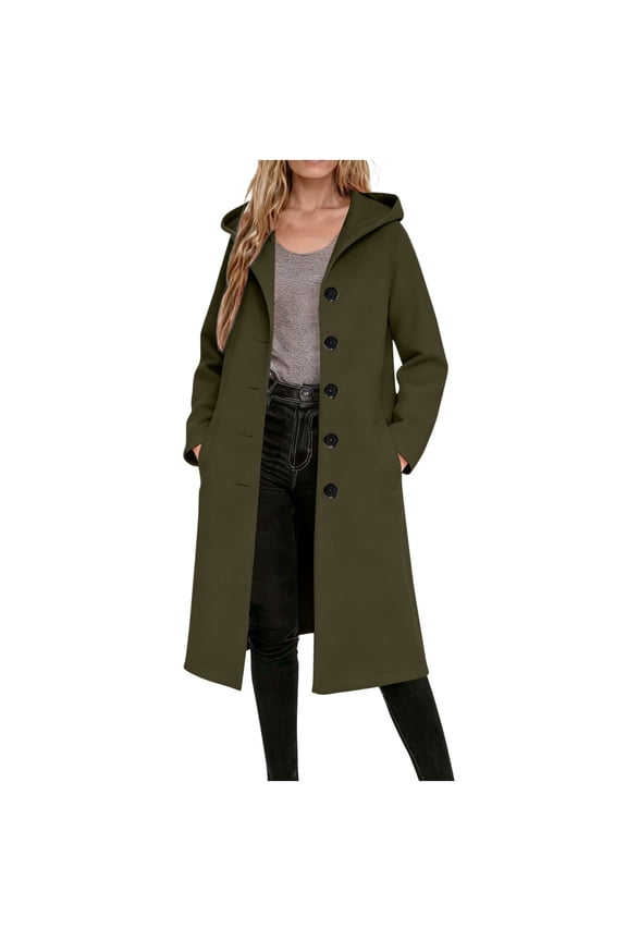 Wool Blend Long Coat Women Single Breasted Winter Jacket Trench Coat with Hood Pocketed Woolen Hooded Overcoat (2XL, Army Green)