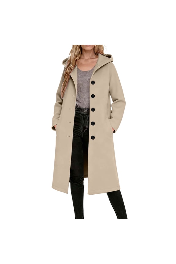 Wool Blend Long Coat Women Single Breasted Winter Jacket Trench Coat with Hood Pocketed Woolen Hooded Overcoat (2XL, Khaki)