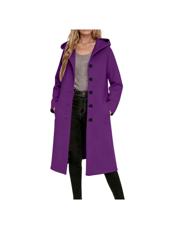 Wool Blend Long Coat Women Single Breasted Winter Jacket Trench Coat with Hood Pocketed Woolen Hooded Overcoat (L, Purple)