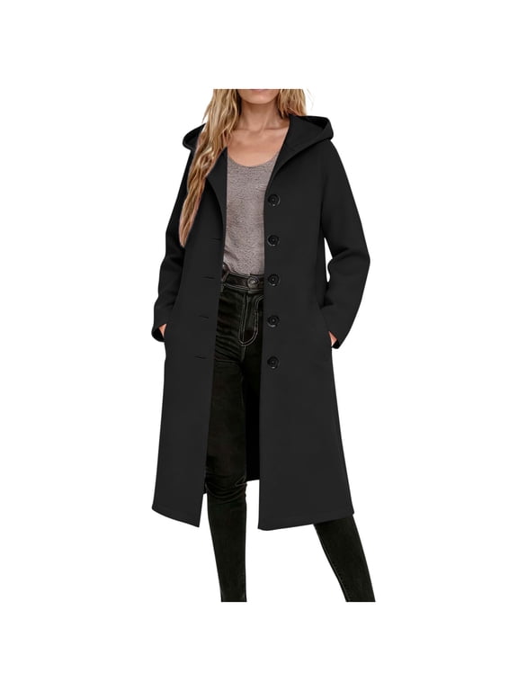 Wool Blend Long Coat Women Single Breasted Winter Jacket Trench Coat with Hood Pocketed Woolen Hooded Overcoat (M, Black)