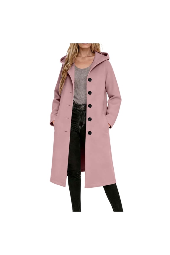 Wool Blend Long Coat Women Single Breasted Winter Jacket Trench Coat with Hood Pocketed Woolen Hooded Overcoat (S, Pink)