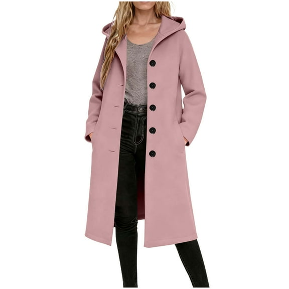 Wool Blend Long Coat Women Single Breasted Winter Jacket Trench Coat with Hood Pocketed Woolen Hooded Overcoat (XL, Pink)