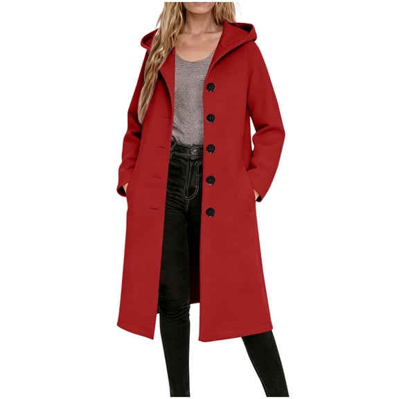 Wool Blend Long Coat Women Single Breasted Winter Jacket Trench Coat with Hood Pocketed Woolen Hooded Overcoat (XL, Red)