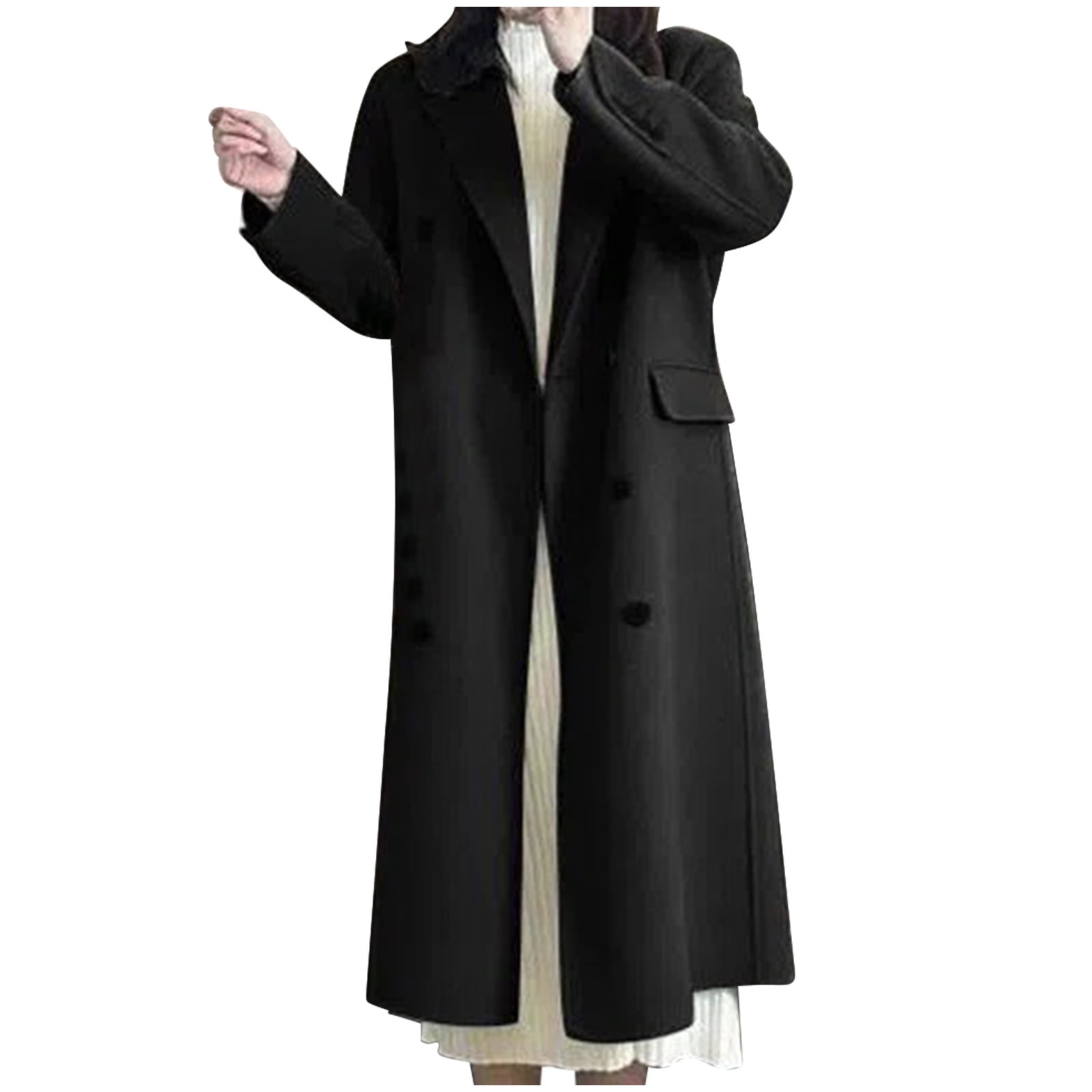 Wool Blend Long Trench Coat for Women Dressy Double Breasted Notched ...