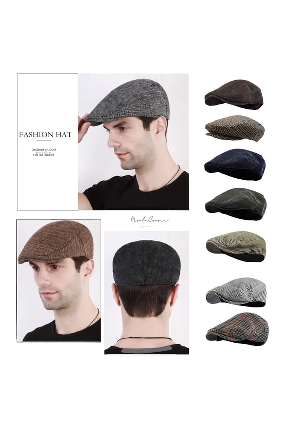 Wool Blend Newsboy Cap Men's Herringbone Classic Tweed Ivy Flat Cabbie Hat