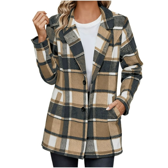 Wool Blend Pea Coats for Women Plaid Trench Coat Lightweight Blazer Jacket Fall Winter Classic Mid Length Peacoat