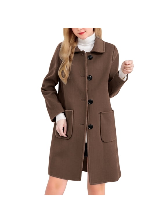 Wool Blend Trench Coat Womens Single Breasted Overcoat Lapel Collar Mid Long Dressy Jacket Pea Coat with Pockets (L, Coffee)