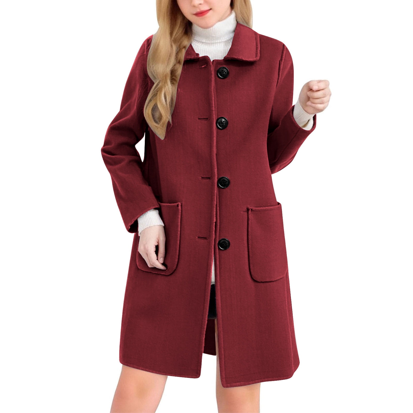 Wool Blend Trench Coat Womens Single Breasted Overcoat Lapel