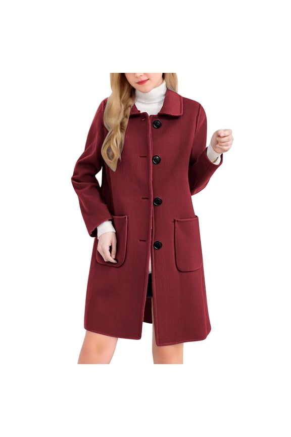 Wool Blend Trench Coat Womens Single Breasted Overcoat Lapel Collar Mid Long Dressy Jacket Pea Coat with Pockets (M, Wine)
