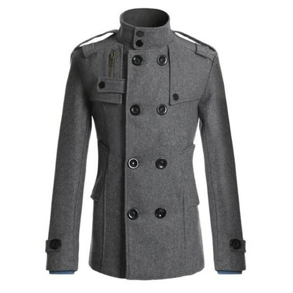 Wool Blend Trench Coat for Men Double Breasted Jacket Overcoat Classic Notched Collar Winter Pea Coat with Pockets