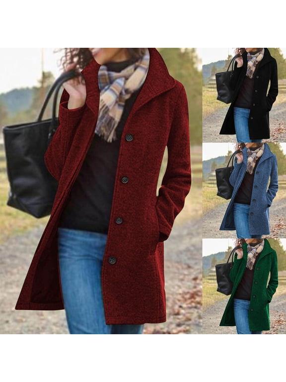 Wool Blend Winter Overcoat Womens Loose Fit Single Breasted Mid Length Coats with Pockets Stand Collar Button Front Casual Peacoat