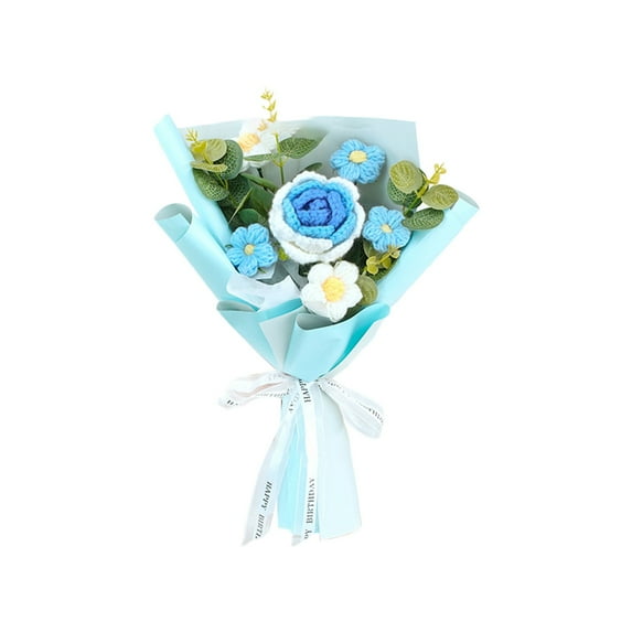 Wool Bouquet, Ongmies Crochet Flower Bouquet Knitted Flower Finished Handmade Decorative Artificial Flowers for Teacher' Day, Blue