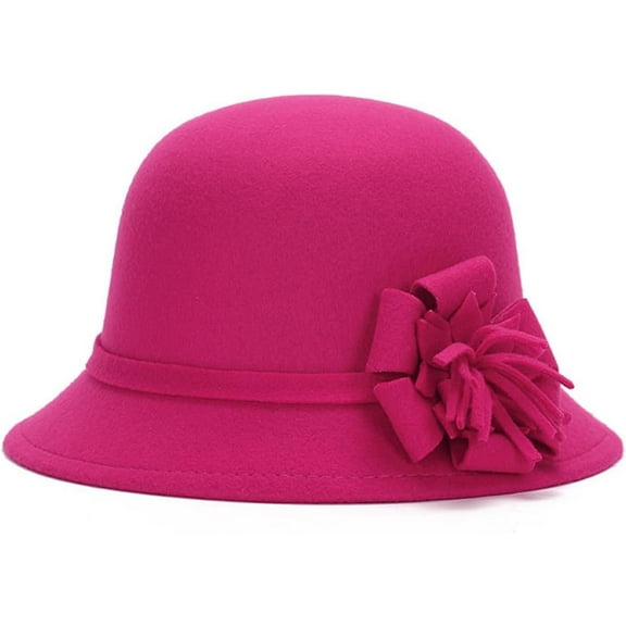 Wool Bucket Hat for Women, Elegant Flower Winter Adjustable Felt Cloche Hat Vintage Warm Church Fedora Cap
