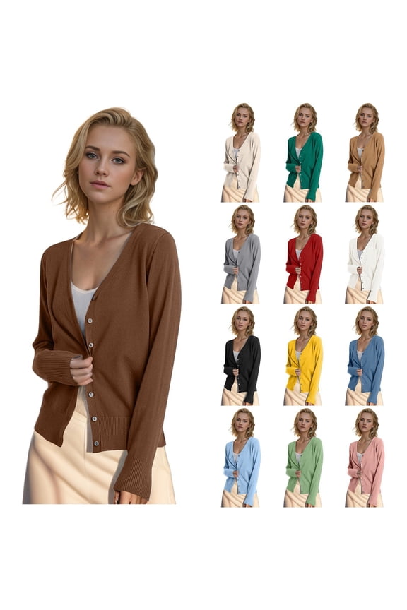 Wool Cardigan Sweaters for Women Button Front Long Sleeve V Neck Sweater Lightweight Skin-Friendly Kintted Cropped Cardigans, Coffee Size M