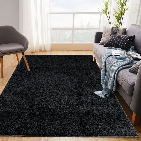Wool Carpet Non-woven Bottom 100% polypropylene 1300g Fleece 1.2 inch Wool Height Modern Area Rug Large Floor Mat and Rug for Living Room Black 5'*8'