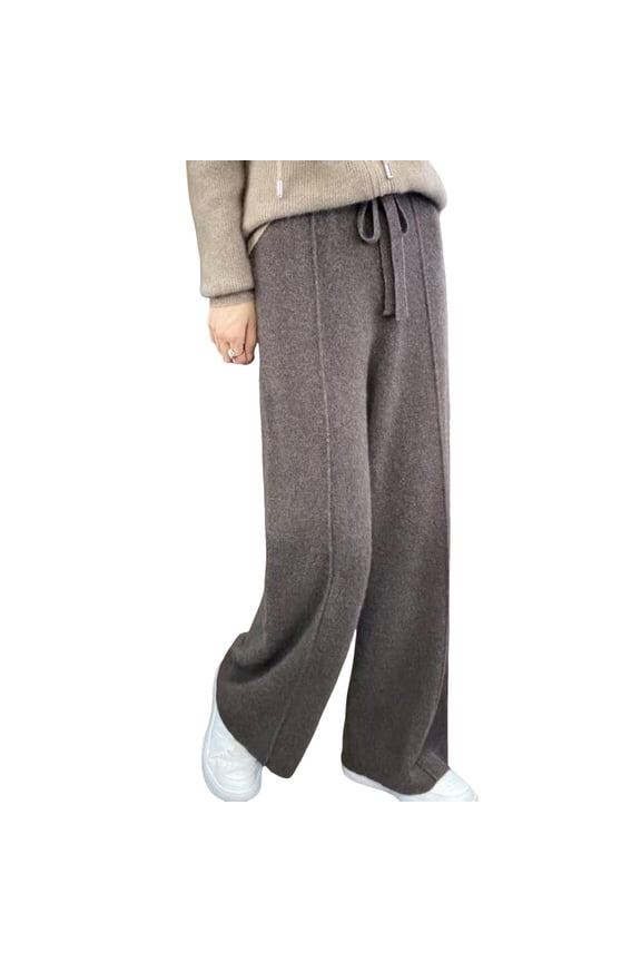 Wool Casual Pants Solid Color Straight Wide Leg Knitting Trousers with Drawstring High Waist Thickened Slacks