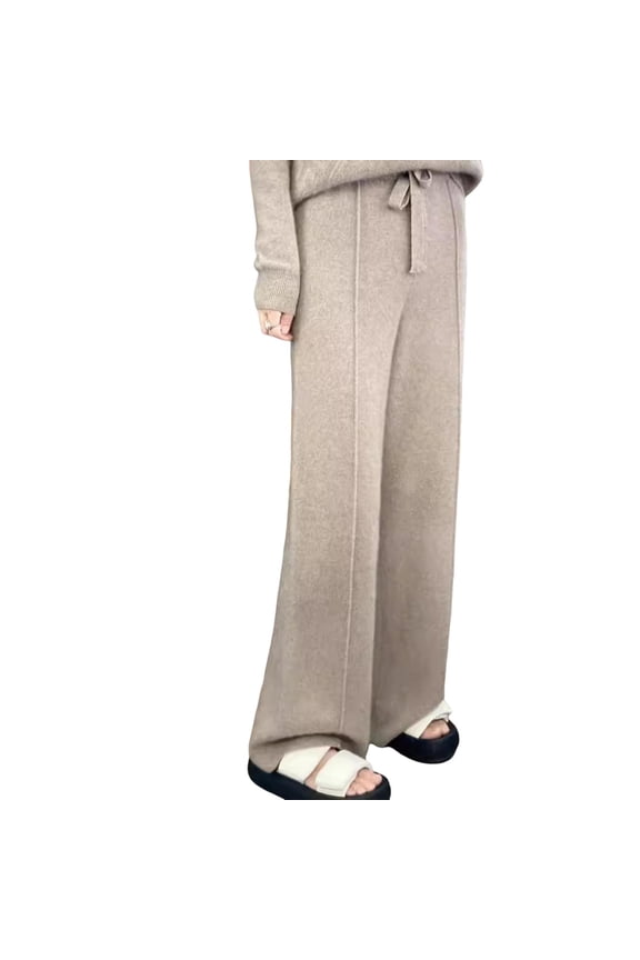 Wool Casual Pants Solid Color Straight Wide Leg Knitting Trousers with Drawstring High Waist Thickened Slacks