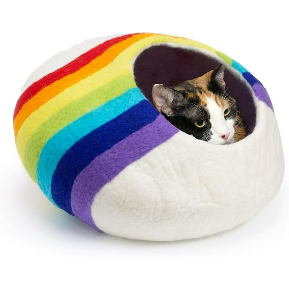 Wool Cat Cave Bed - Eco Kitty Cave - Fair Trade, Handmade, Organic Cat Hideout - 20" Extra Large (X-Large, Rainbow)