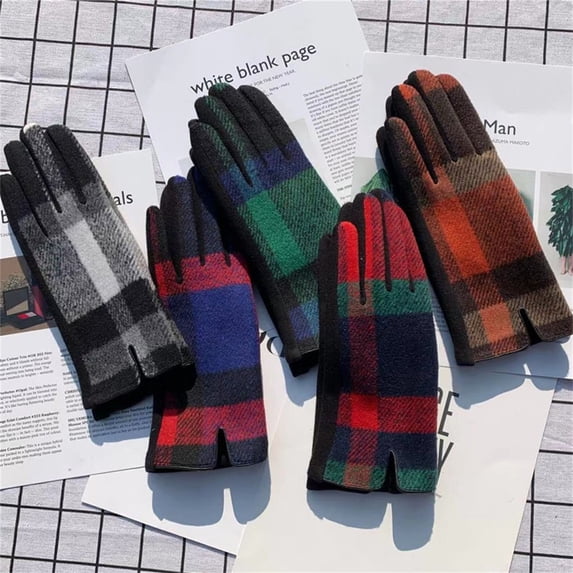 Plaid Pattern Winter Texting Gloves Soft Fleece Palm Driving Shopping Gloves Orange One Size