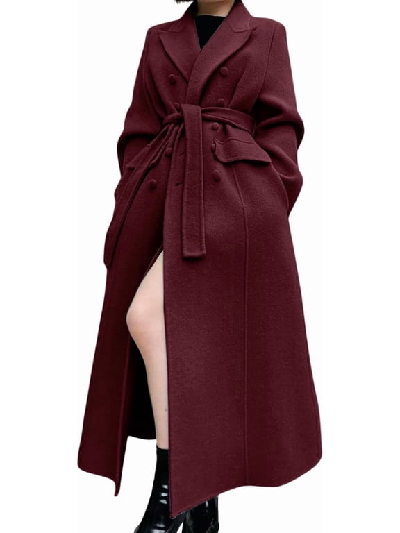 Wool Coat: Double-Breasted, Belted Waist & Side Slit. Chic Long Winter Outerwear for Women. Sophisticated & Warm Style. A Timeless Statement Piece to Elevate Your Cold Weather Wardrobe with Grace.