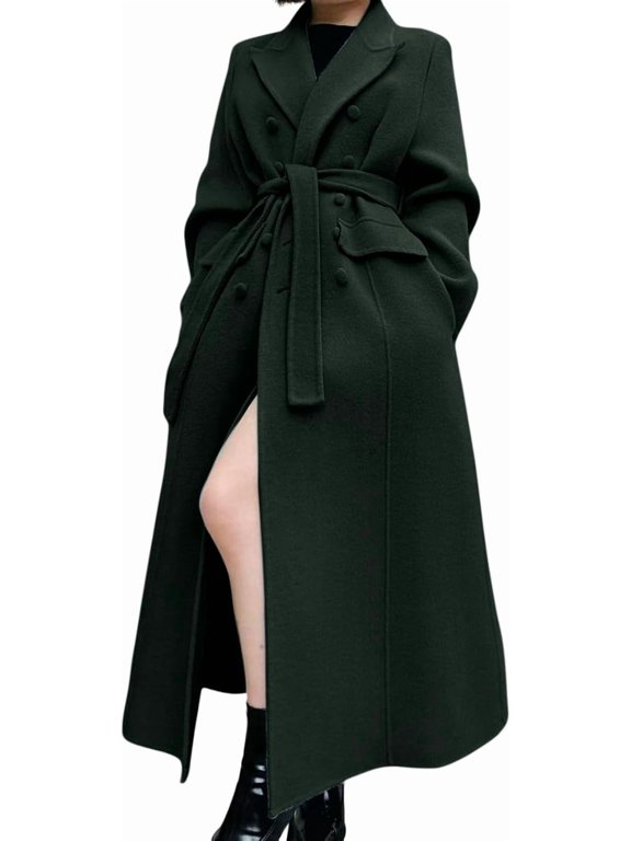Wool Coat: Double-Breasted, Belted Waist & Side Slit. Chic Long Winter Outerwear for Women. Sophisticated & Warm Style. A Timeless Statement Piece to Elevate Your Cold Weather Wardrobe with Grace.