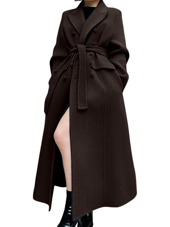 Wool Coat: Double-Breasted, Belted Waist & Side Slit. Chic Long Winter Outerwear for Women. Sophisticated & Warm Style. A Timeless Statement Piece to Elevate Your Cold Weather Wardrobe with Grace.