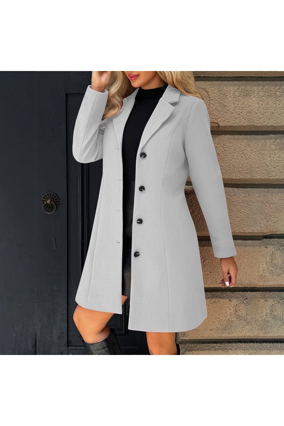 Wool Coat, Women's Solid Casual Thicken Wool Stand Collar Inner Lining Pocket Breasted Pea Mao Coat, Outerwear Women, Gray-L