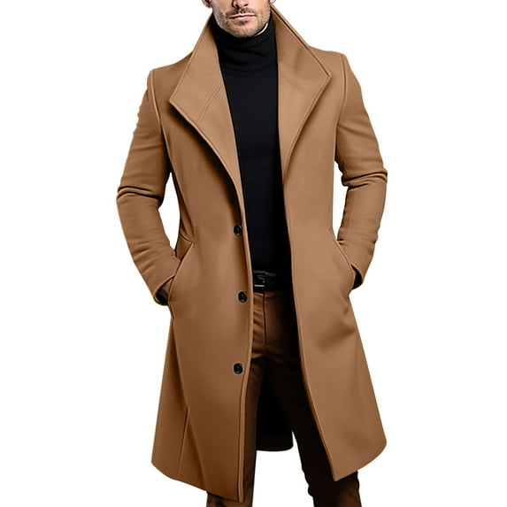 Wool Coat for Men Casual Solid Color Long Sleeve Trench Jackets Windbreaker Hiking Travel Jacket with Pockets, Brown, 2XL